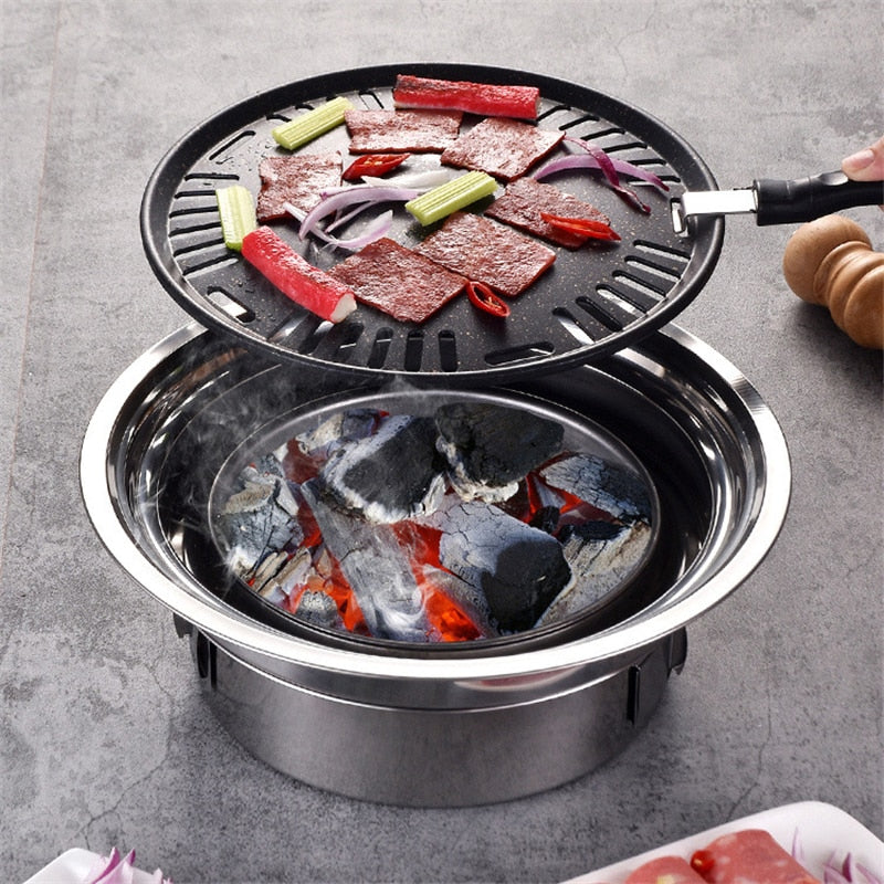 Stainless Steel Korean Charcoal Barbecue Grill Round Non-Stick Barbecue Grills Portable Charcoal Grill for Outdoor Camping BBQ