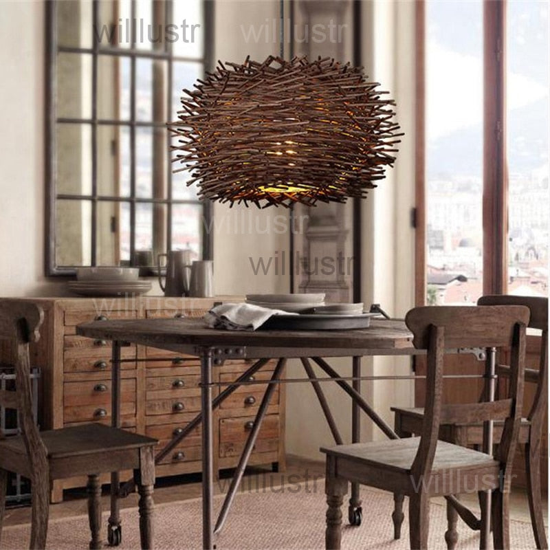 Bird Nest Pendant Lamp Light Nordic Rattan Wicker Wood Handmade Hotel Restaurant Cafe Living Dinning Room Suspension Lighting