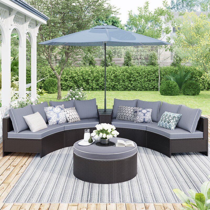 6 Pieces Outdoor Sectional Half Round Patio Rattan Sofa Set PE Wicker Conversation Furniture Set Multifunctional Round Table