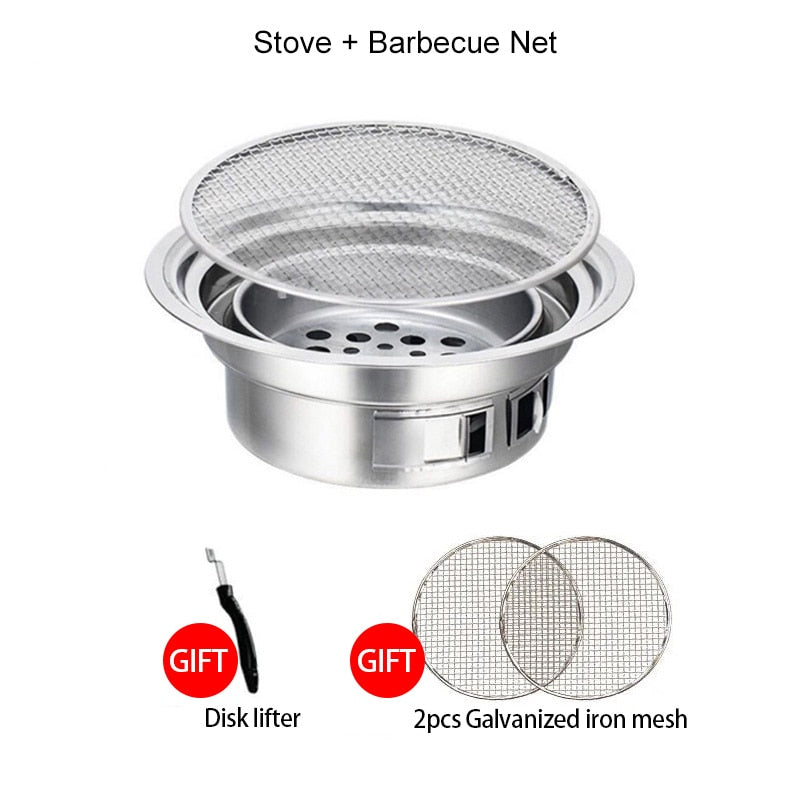 Stainless Steel Korean Charcoal Barbecue Grill Round Non-Stick Barbecue Grills Portable Charcoal Grill for Outdoor Camping BBQ