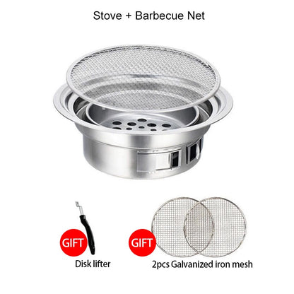 Stainless Steel Korean Charcoal Barbecue Grill Round Non-Stick Barbecue Grills Portable Charcoal Grill for Outdoor Camping BBQ