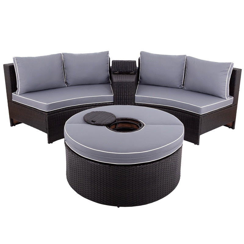 6 Pieces Outdoor Sectional Half Round Patio Rattan Sofa Set PE Wicker Conversation Furniture Set Multifunctional Round Table