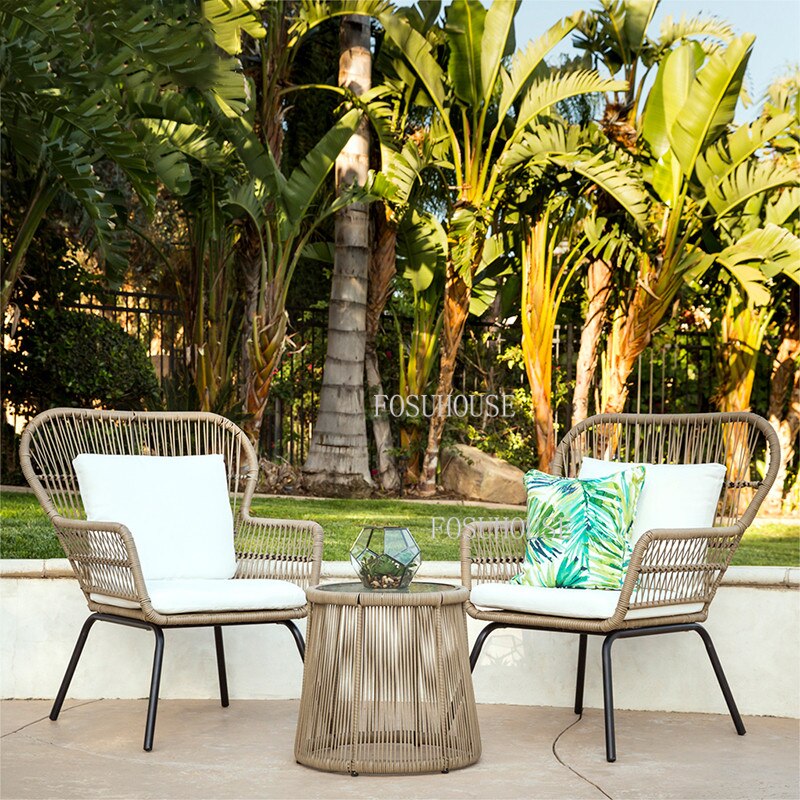 FOSUHOUSE Outdoor Rattan Chair Balcony Courtyard Combination Rattan Table and Chair Outdoor Furniture Villa Garden Lounge Chairs