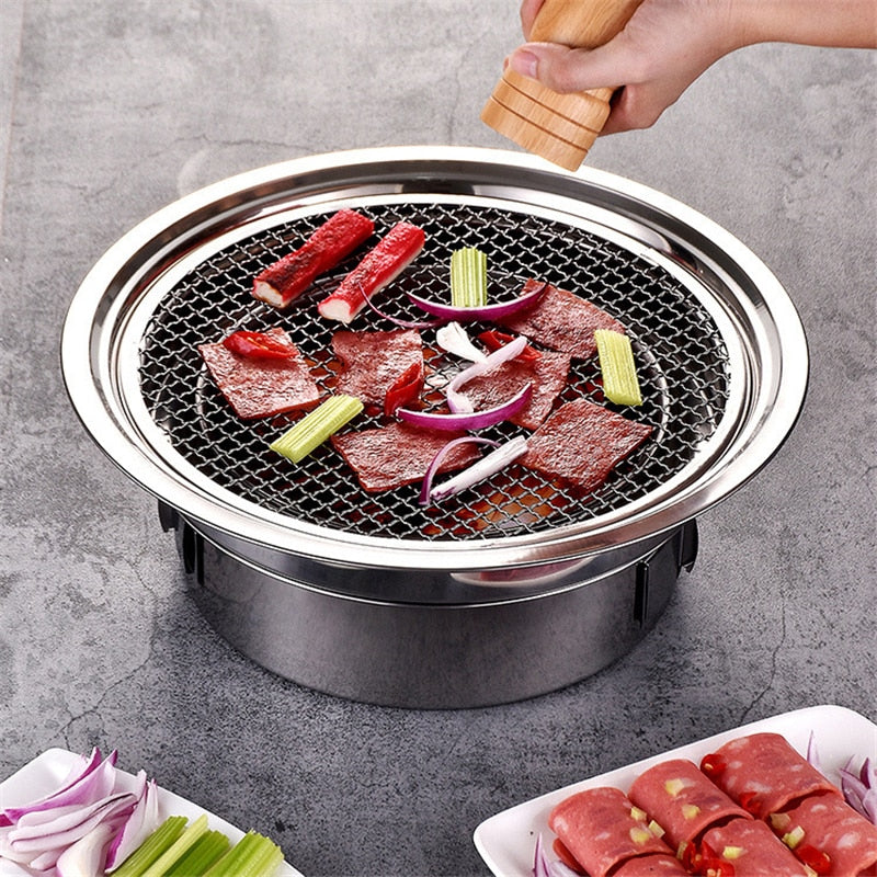 Stainless Steel Korean Charcoal Barbecue Grill Round Non-Stick Barbecue Grills Portable Charcoal Grill for Outdoor Camping BBQ