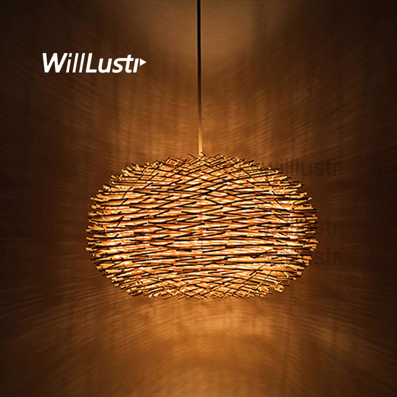 Bird Nest Pendant Lamp Light Nordic Rattan Wicker Wood Handmade Hotel Restaurant Cafe Living Dinning Room Suspension Lighting