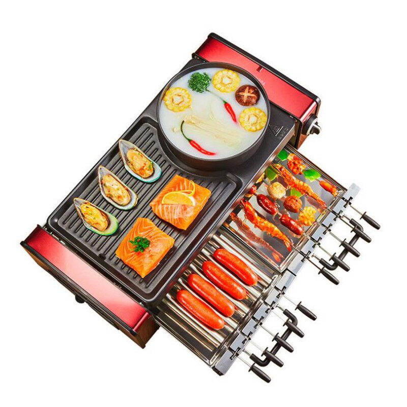 Household Electric Grill Camping BBQ Hot Pot Smokeless Barbecue Grill Hot Pot Non-Stick BBQ Machine Churrasqueira Eletrica