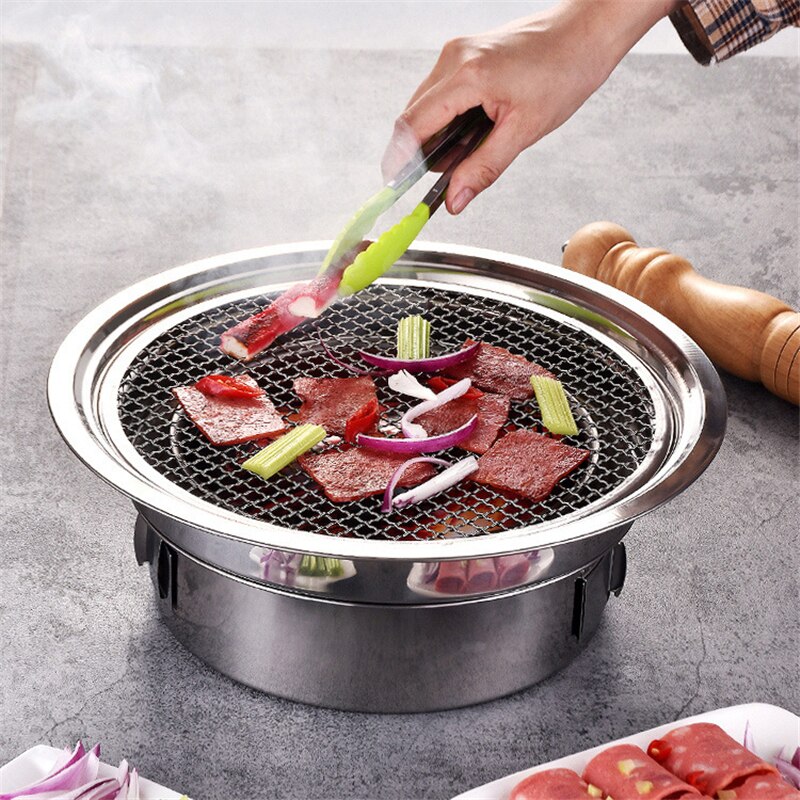 Stainless Steel Korean Charcoal Barbecue Grill Round Non-Stick Barbecue Grills Portable Charcoal Grill for Outdoor Camping BBQ