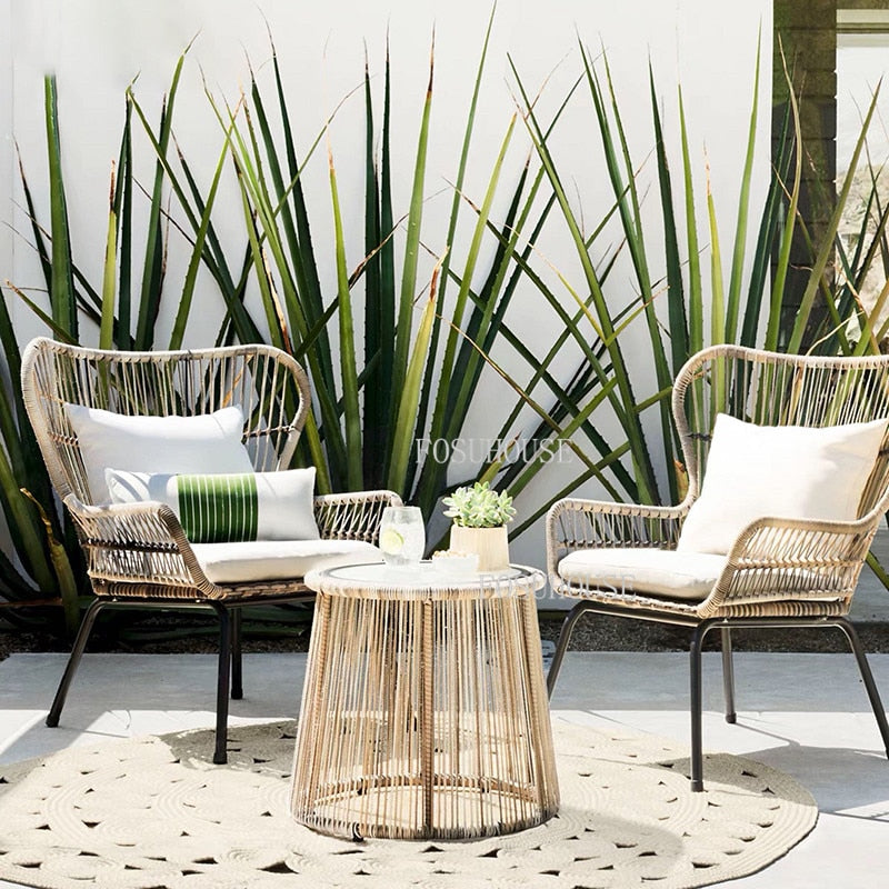 FOSUHOUSE Outdoor Rattan Chair Balcony Courtyard Combination Rattan Table and Chair Outdoor Furniture Villa Garden Lounge Chairs