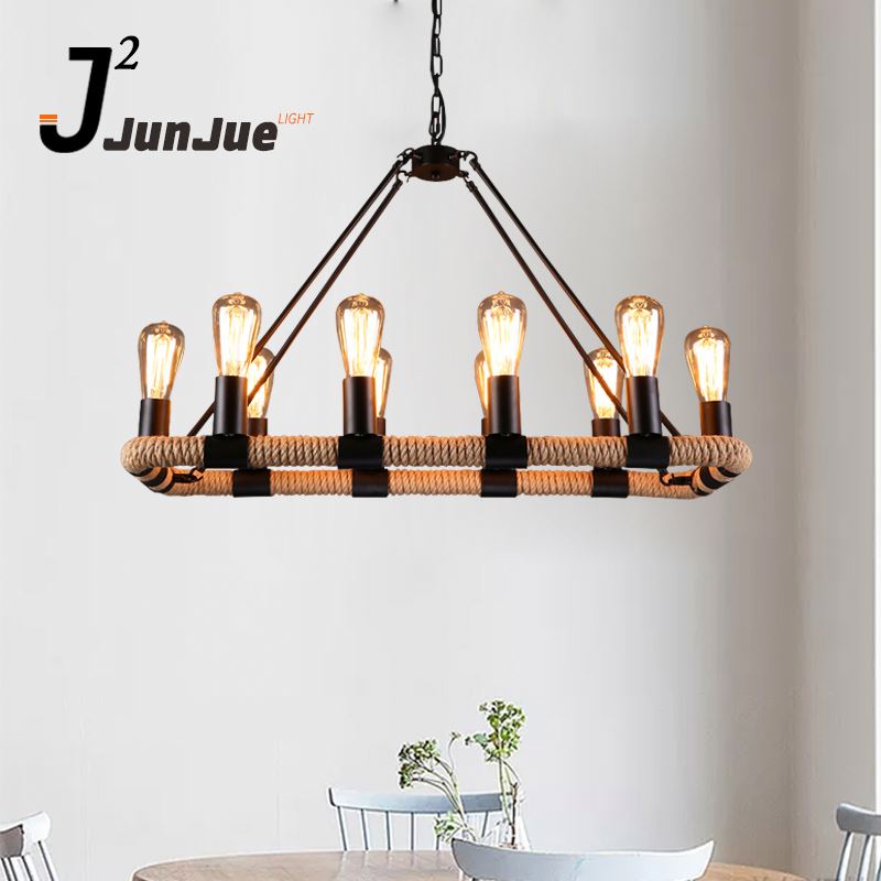 Round Rustic Retro Hemp Rope Chandelier Retro Industrial Style Loft Wrought Iron Droplight Pendant Lamp