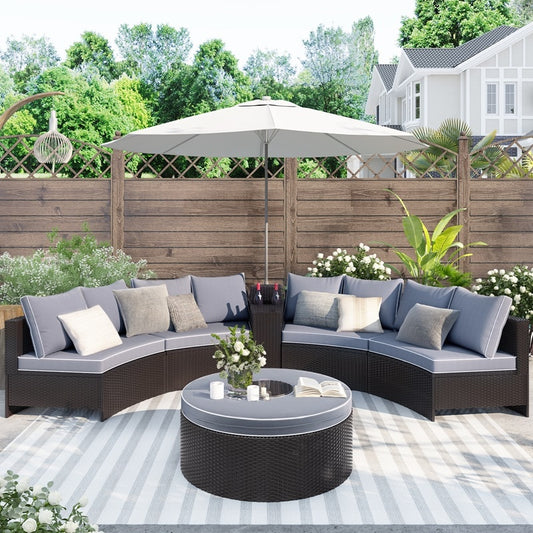 6 Pieces Outdoor Sectional Half Round Patio Rattan Sofa Set PE Wicker Conversation Furniture Set Multifunctional Round Table