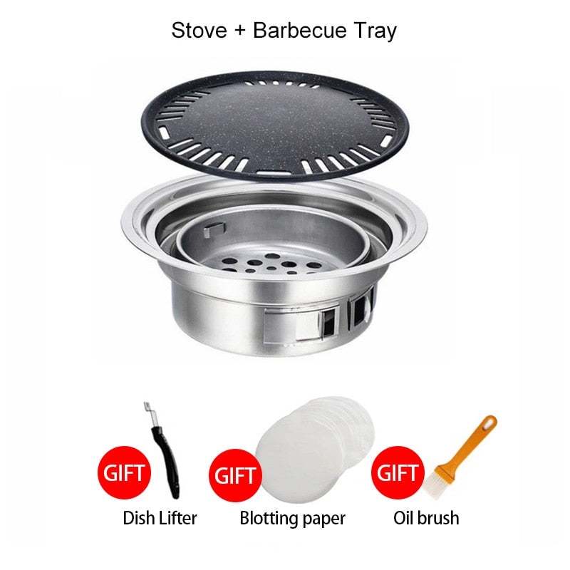 Stainless Steel Korean Charcoal Barbecue Grill Round Non-Stick Barbecue Grills Portable Charcoal Grill for Outdoor Camping BBQ