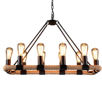 Round Rustic Retro Hemp Rope Chandelier Retro Industrial Style Loft Wrought Iron Droplight Pendant Lamp